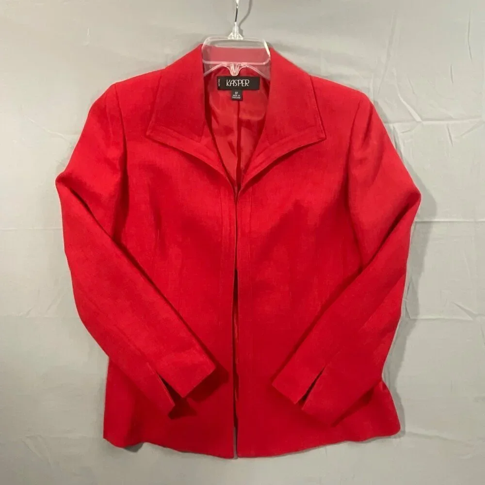Kasper Red Open Front‎ Blazer Jacket Womens 6P Lined Minimalist Corporate Chic